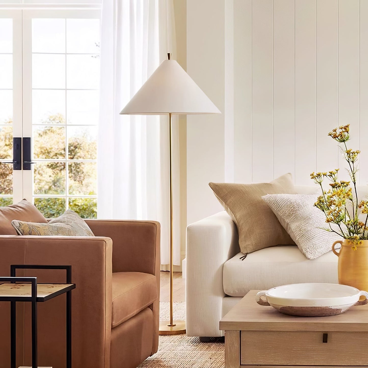 Ellis Floor Lamp with Brass Frame and White Shade