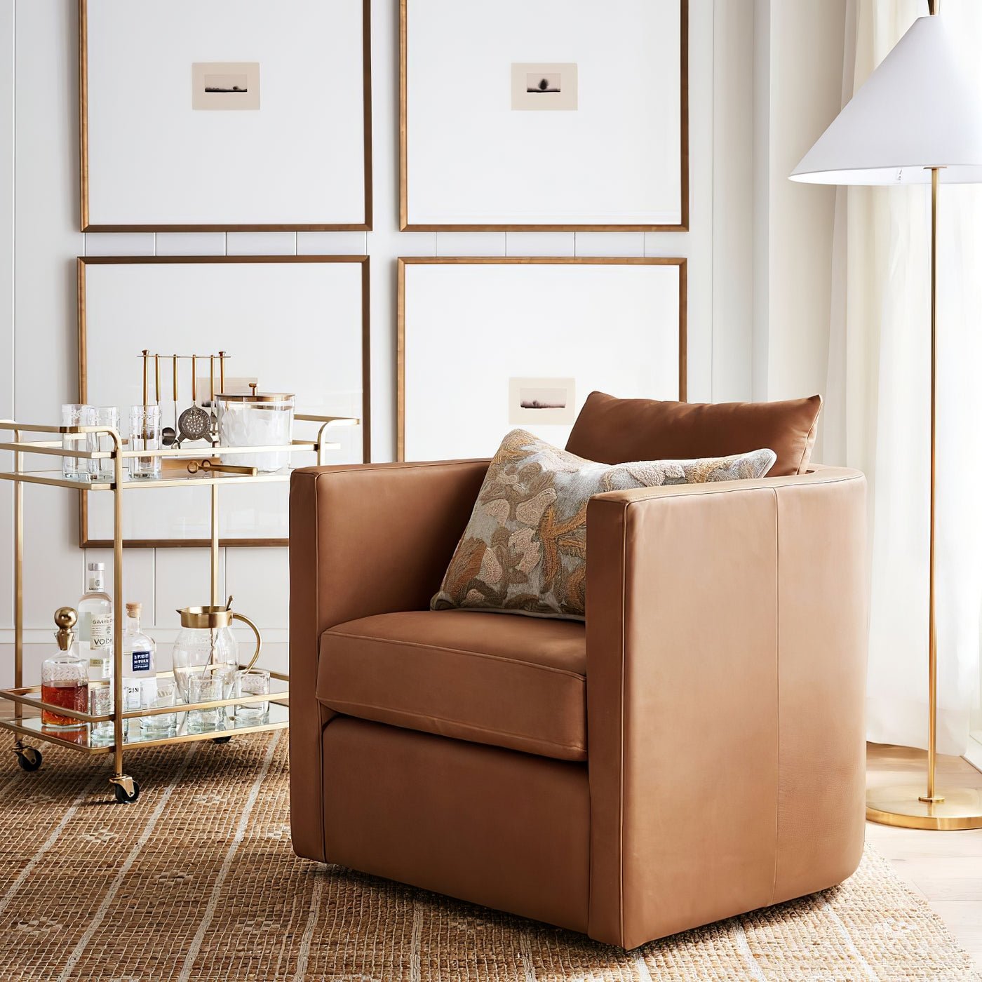 Ellis Floor Lamp with Brass Frame and White Shade