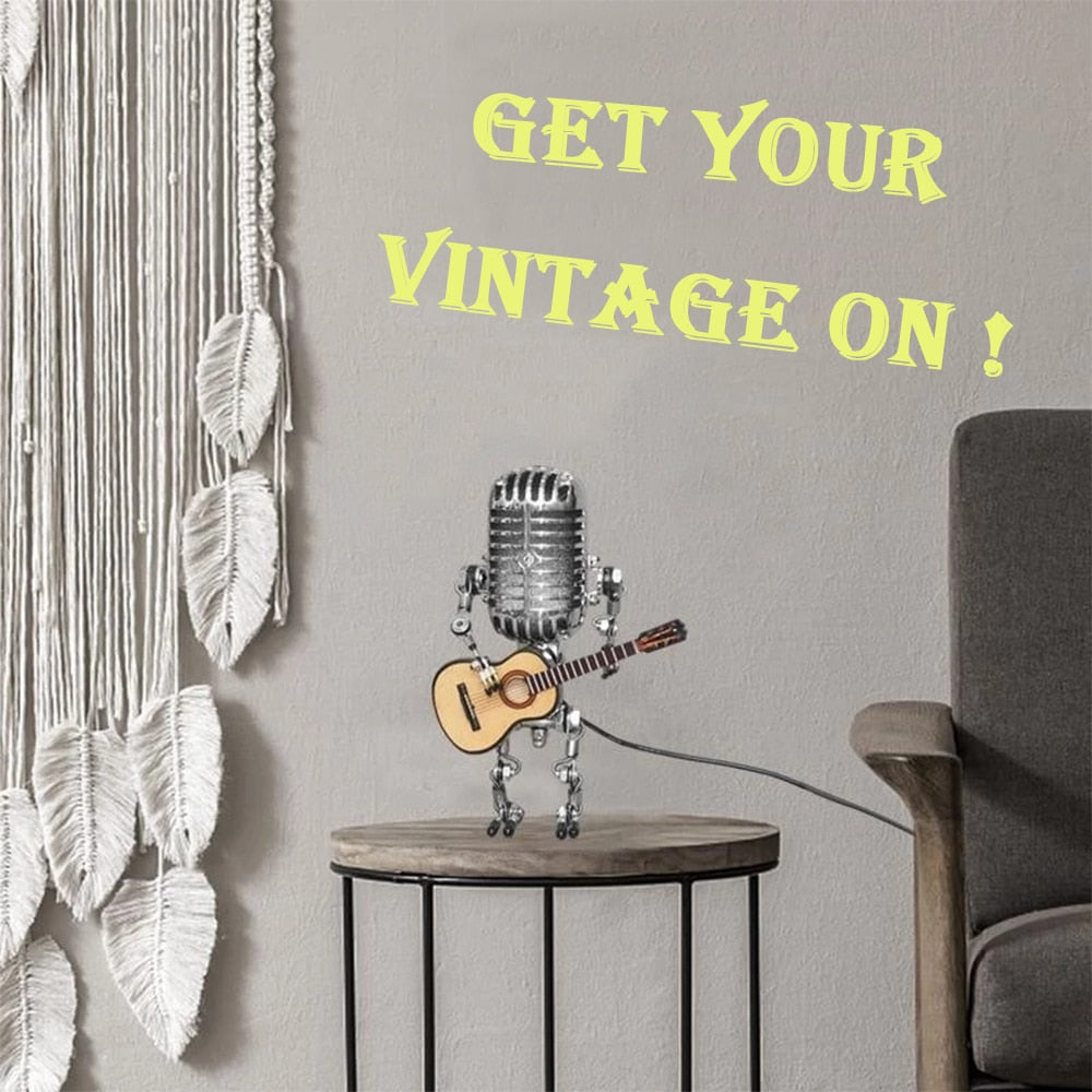 RoyaleGlow Vintage Microphone Robot Lamp with Guitar - Unique Home Decor