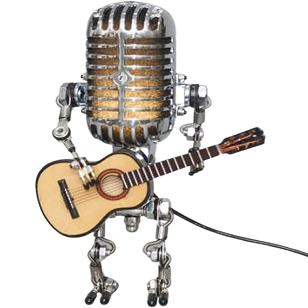 RoyaleGlow Vintage Microphone Robot Lamp with Guitar - Unique Home Decor
