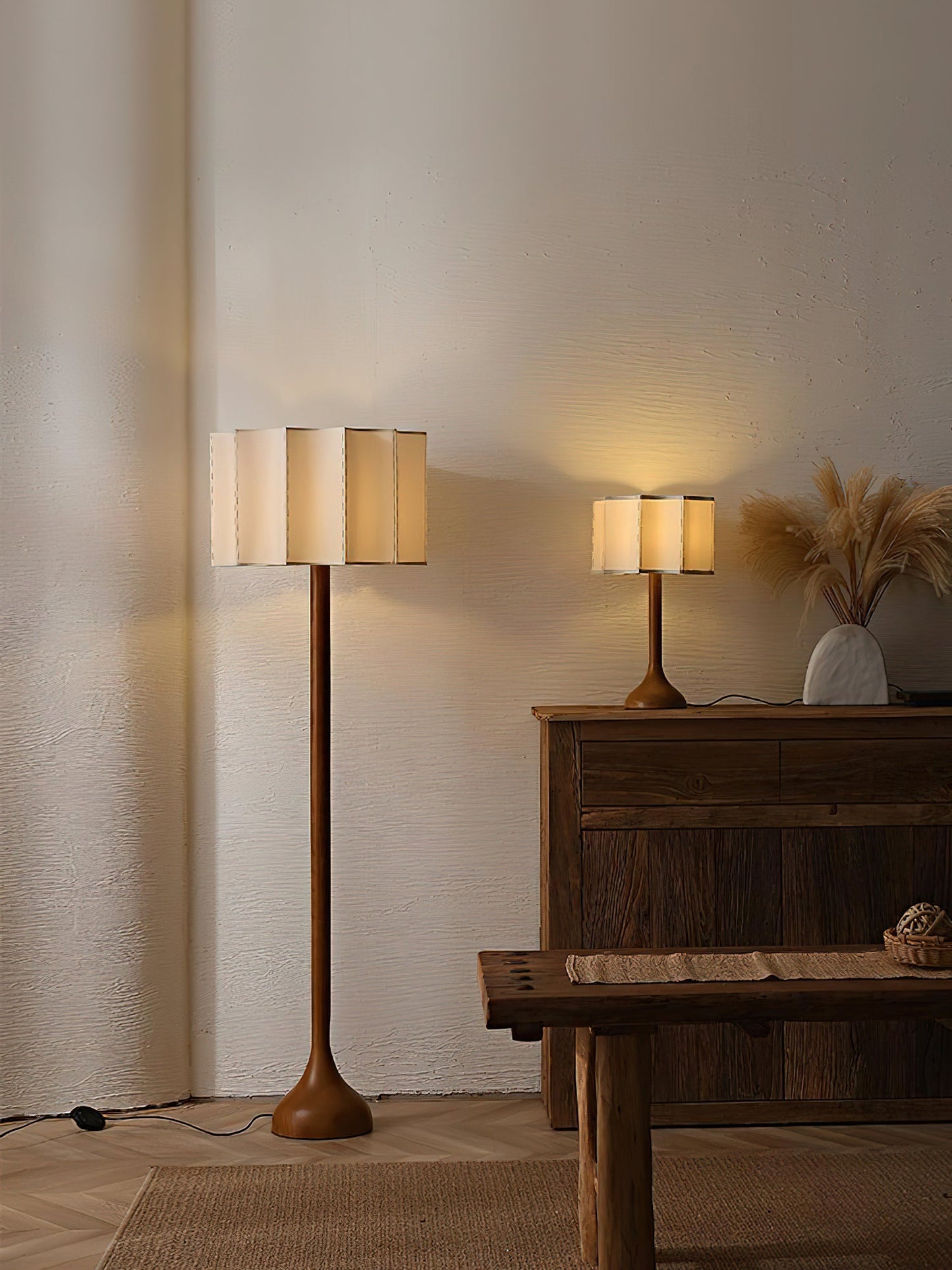 Hakka Floor Lamp LED Oak Base Indoor Lighting Beige Shade