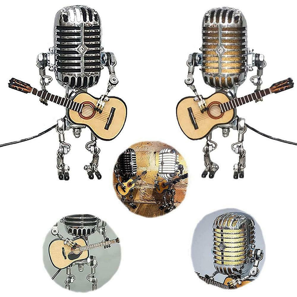 RoyaleGlow Vintage Microphone Robot Lamp with Guitar - Unique Home Decor