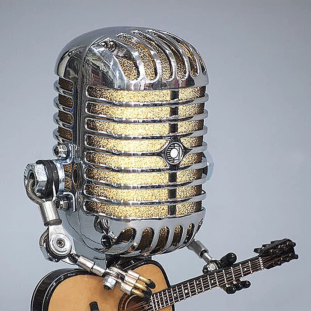 RoyaleGlow Vintage Microphone Robot Lamp with Guitar - Unique Home Decor