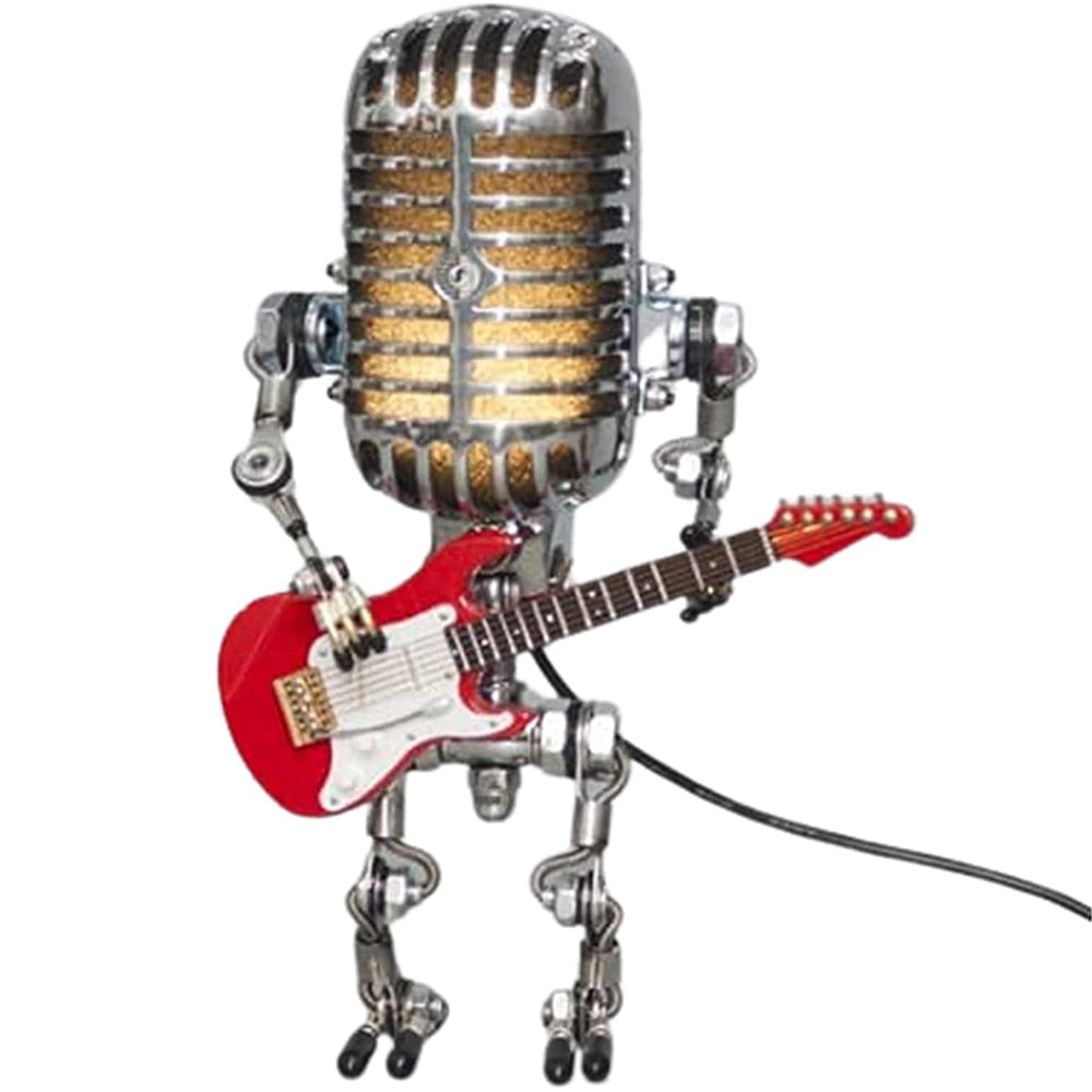 RoyaleGlow Vintage Microphone Robot Lamp with Guitar - Unique Home Decor