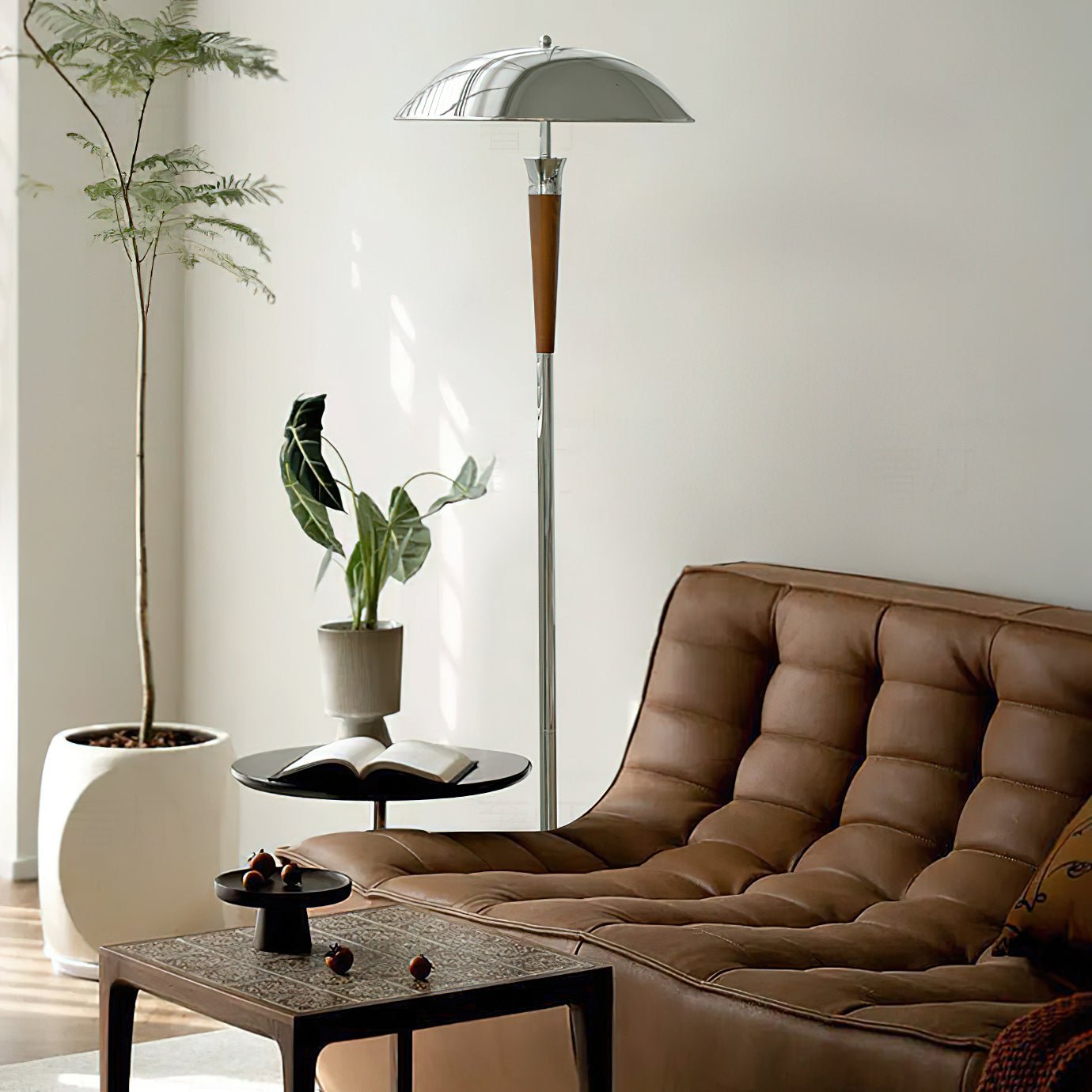 Helmet Floor Lamp with LED Chrome Shade and Walnut Base