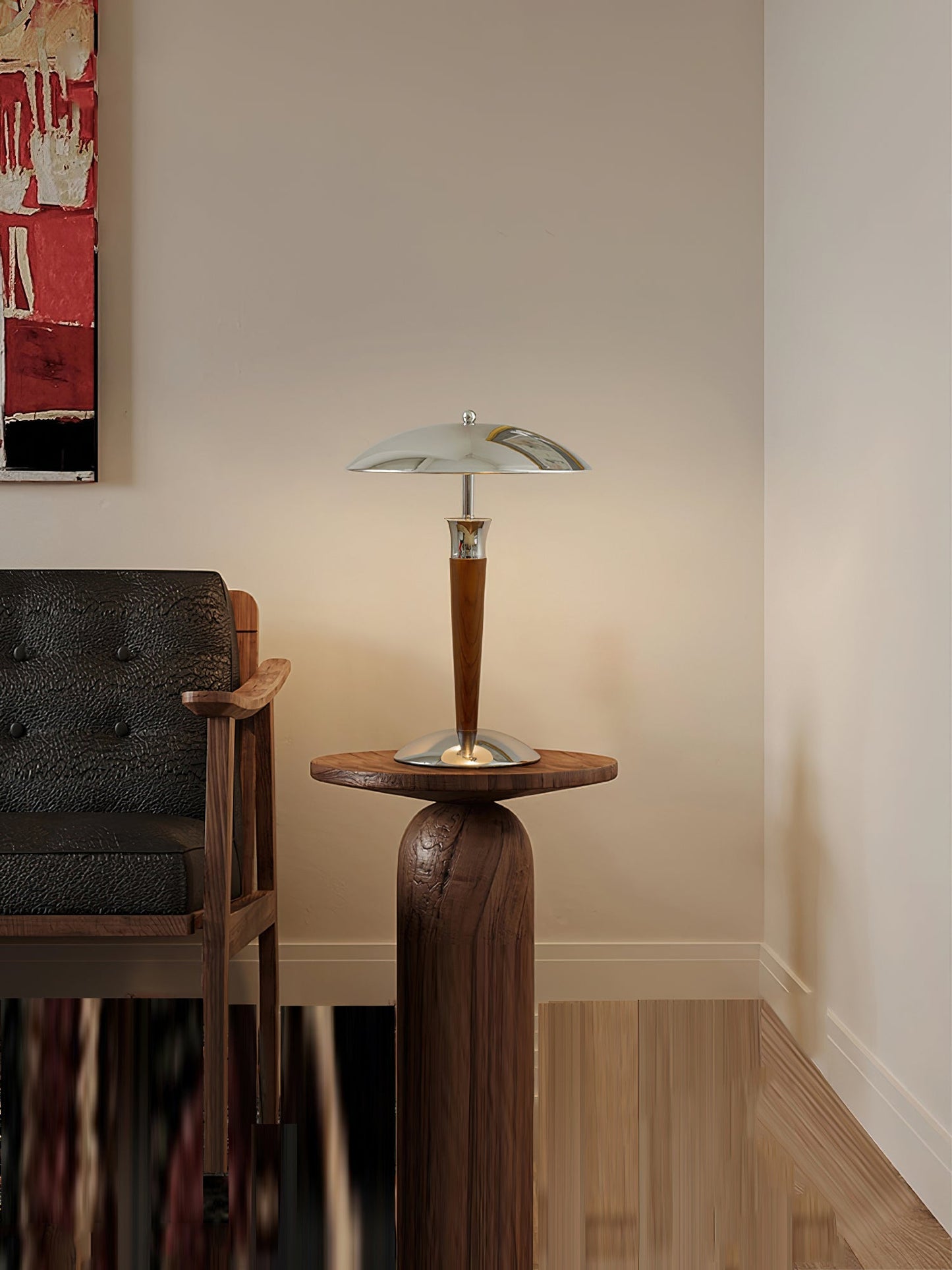 Helmet Floor Lamp with LED Chrome Shade and Walnut Base