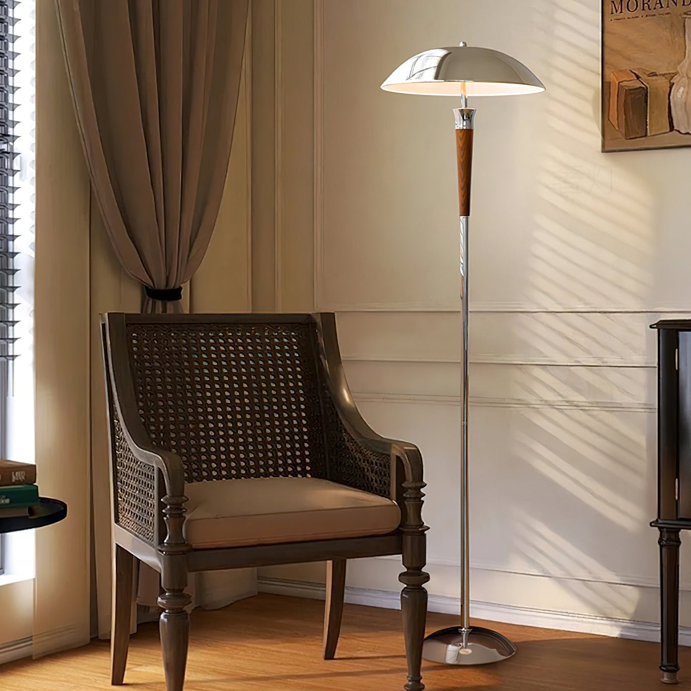 Helmet Floor Lamp with LED Chrome Shade and Walnut Base