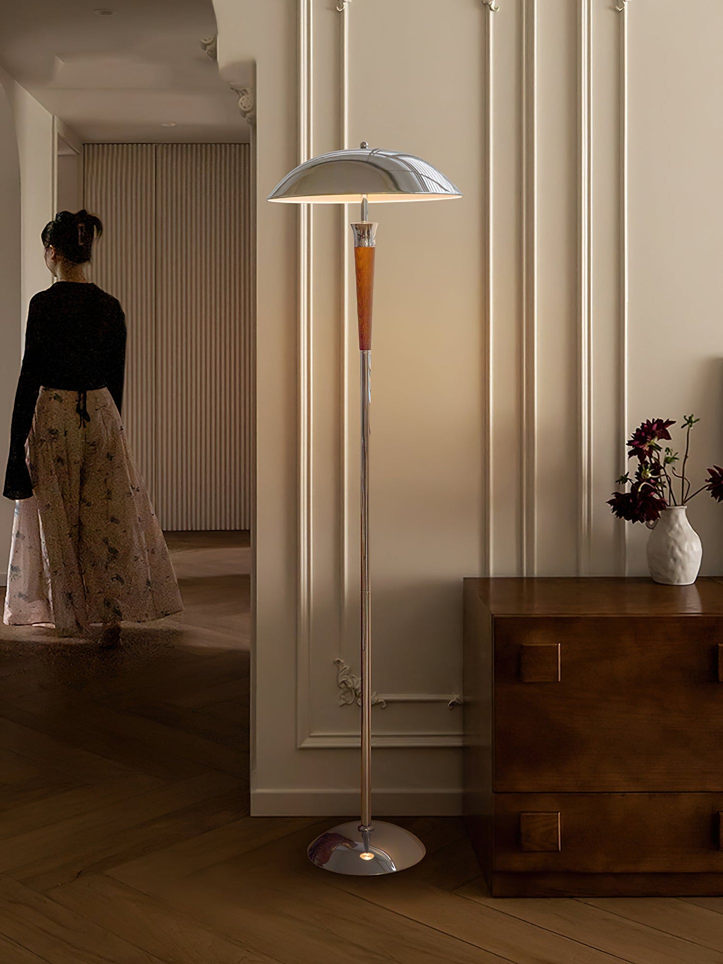 Helmet Floor Lamp with LED Chrome Shade and Walnut Base