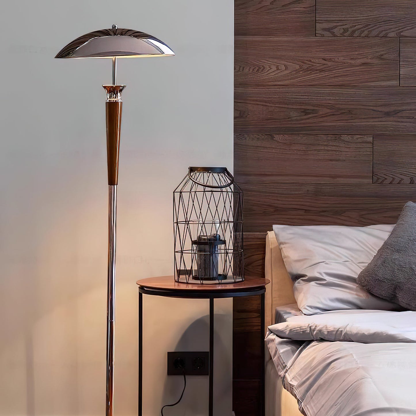 Helmet Floor Lamp with LED Chrome Shade and Walnut Base