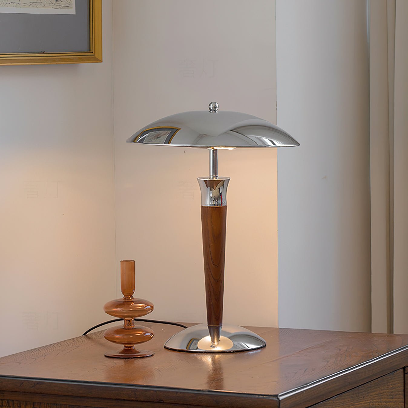 Helmet Floor Lamp with LED Chrome Shade and Walnut Base