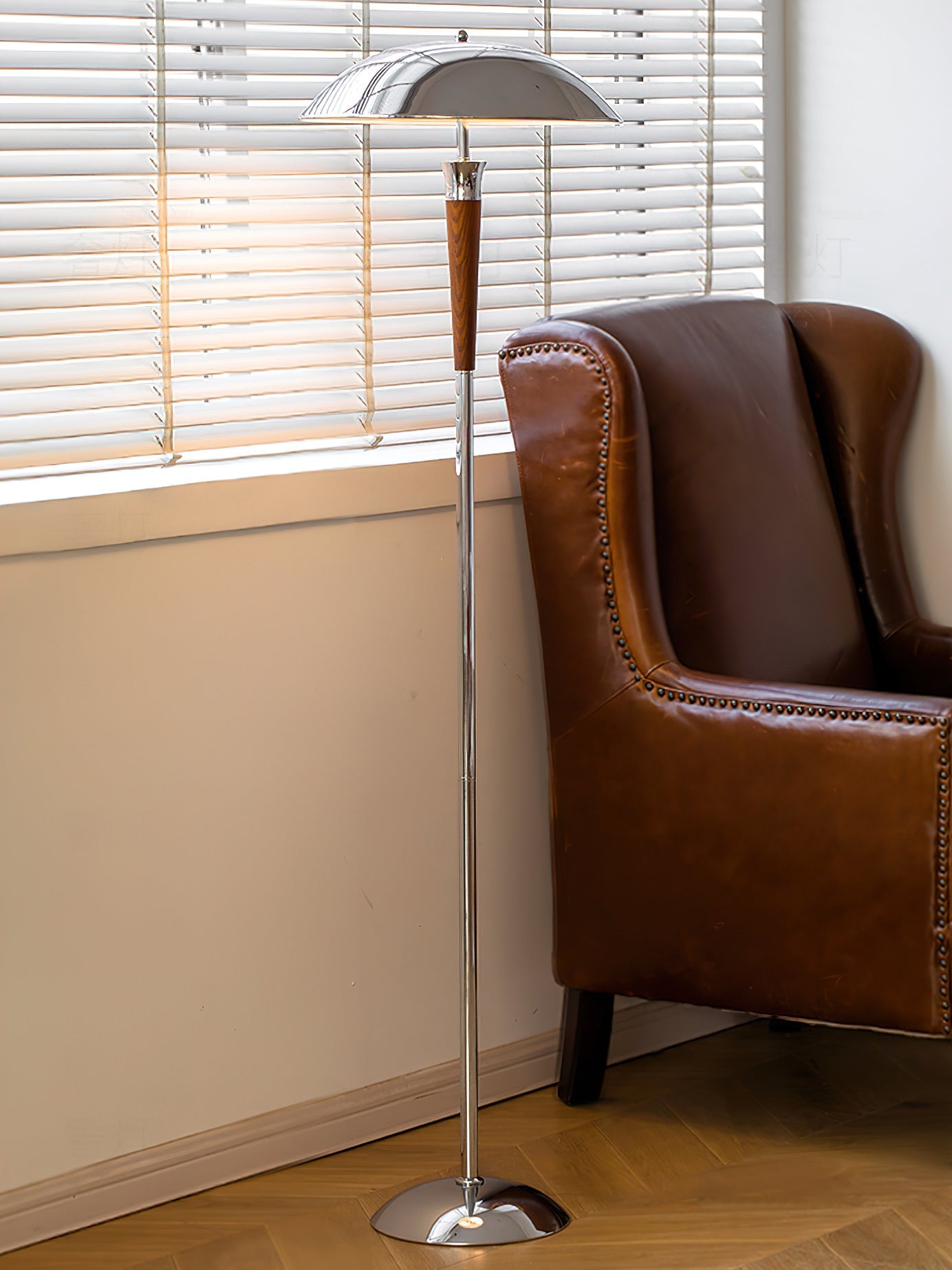 Helmet Floor Lamp with LED Chrome Shade and Walnut Base