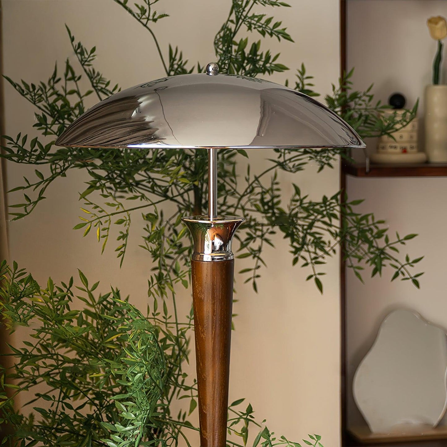 Helmet Floor Lamp with LED Chrome Shade and Walnut Base