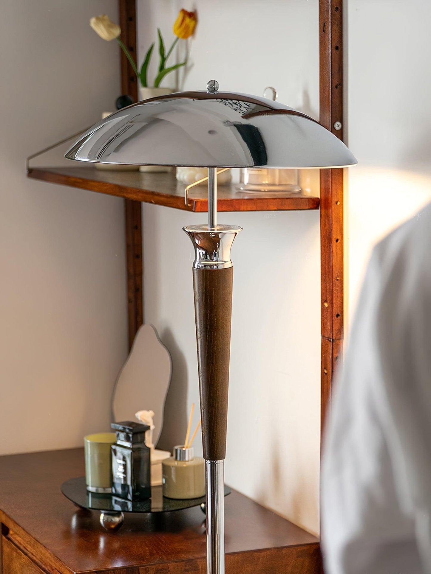 Helmet Floor Lamp with LED Chrome Shade and Walnut Base