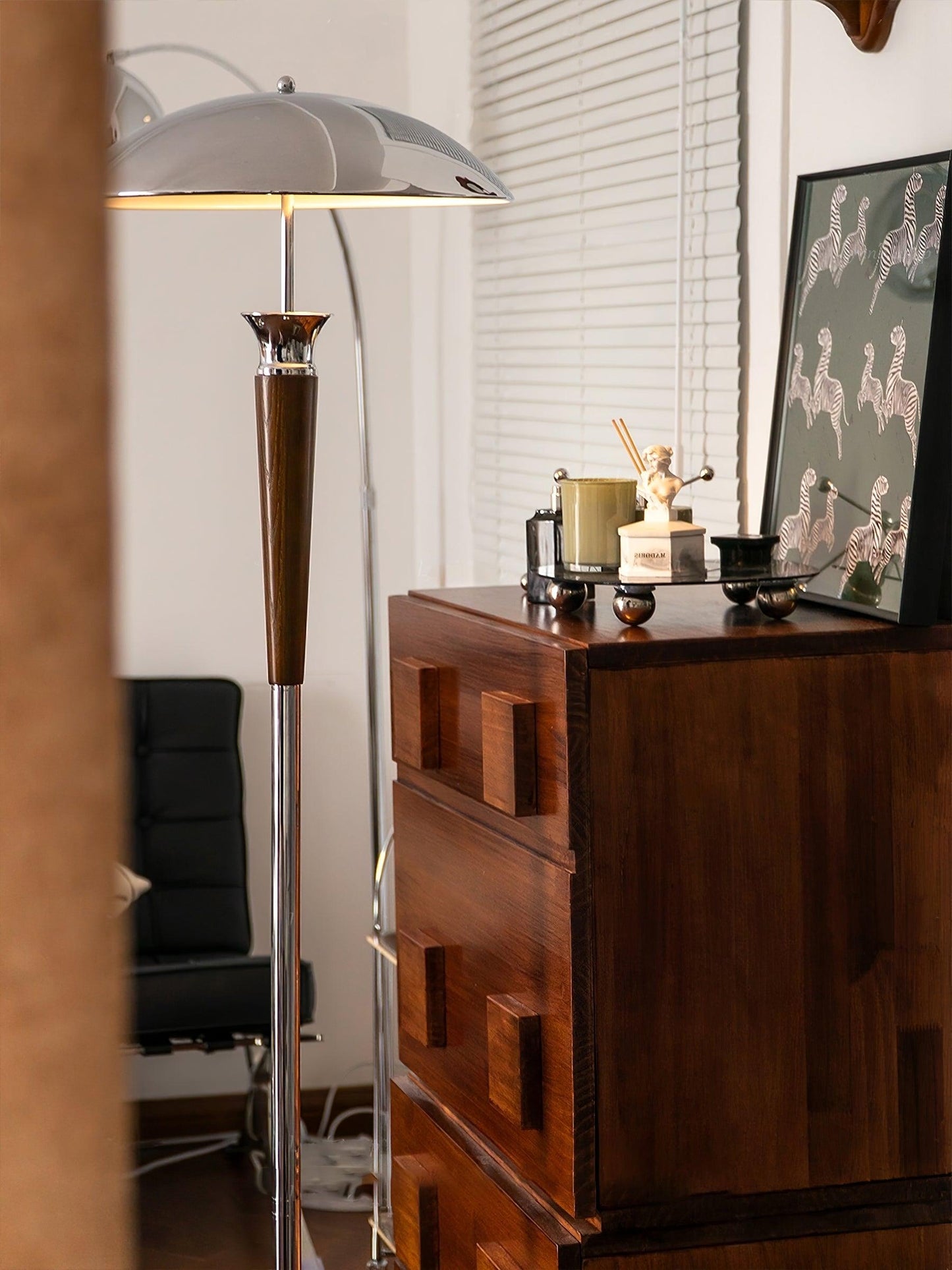 Helmet Floor Lamp with LED Chrome Shade and Walnut Base