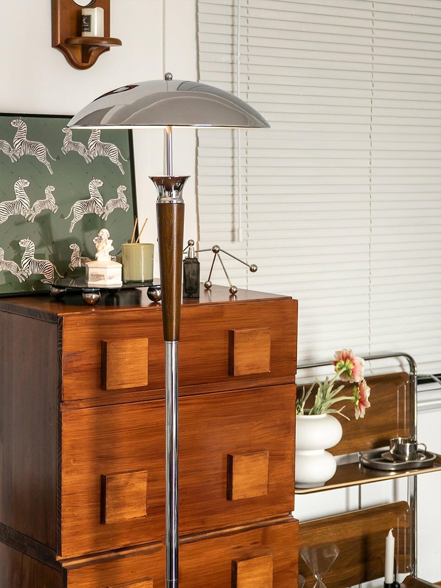 Helmet Floor Lamp with LED Chrome Shade and Walnut Base