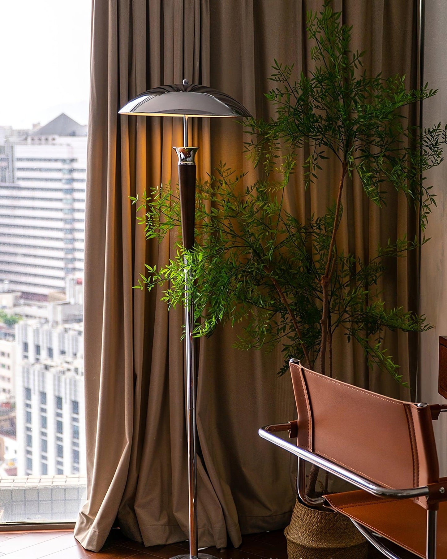 Helmet Floor Lamp with LED Chrome Shade and Walnut Base