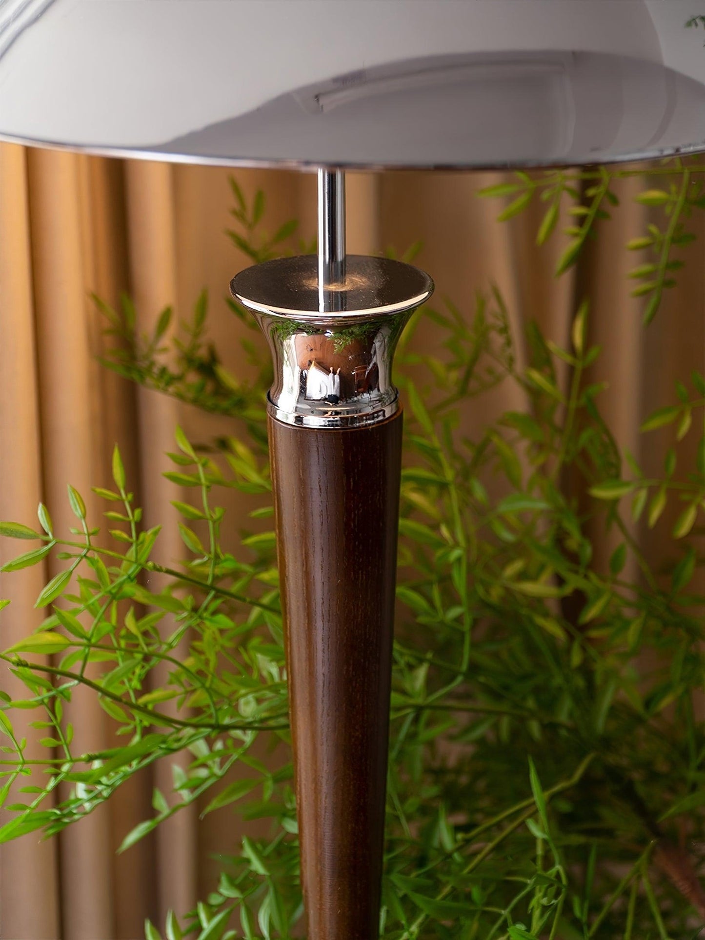 Helmet Floor Lamp with LED Chrome Shade and Walnut Base