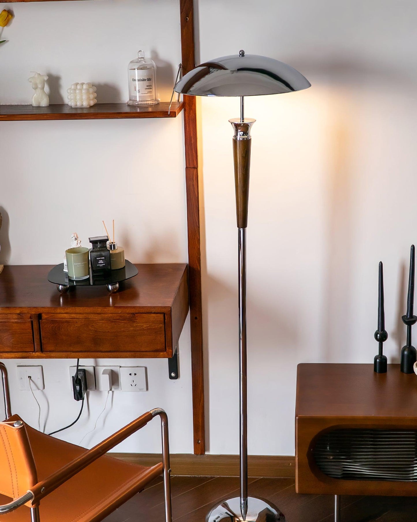 Helmet Floor Lamp with LED Chrome Shade and Walnut Base