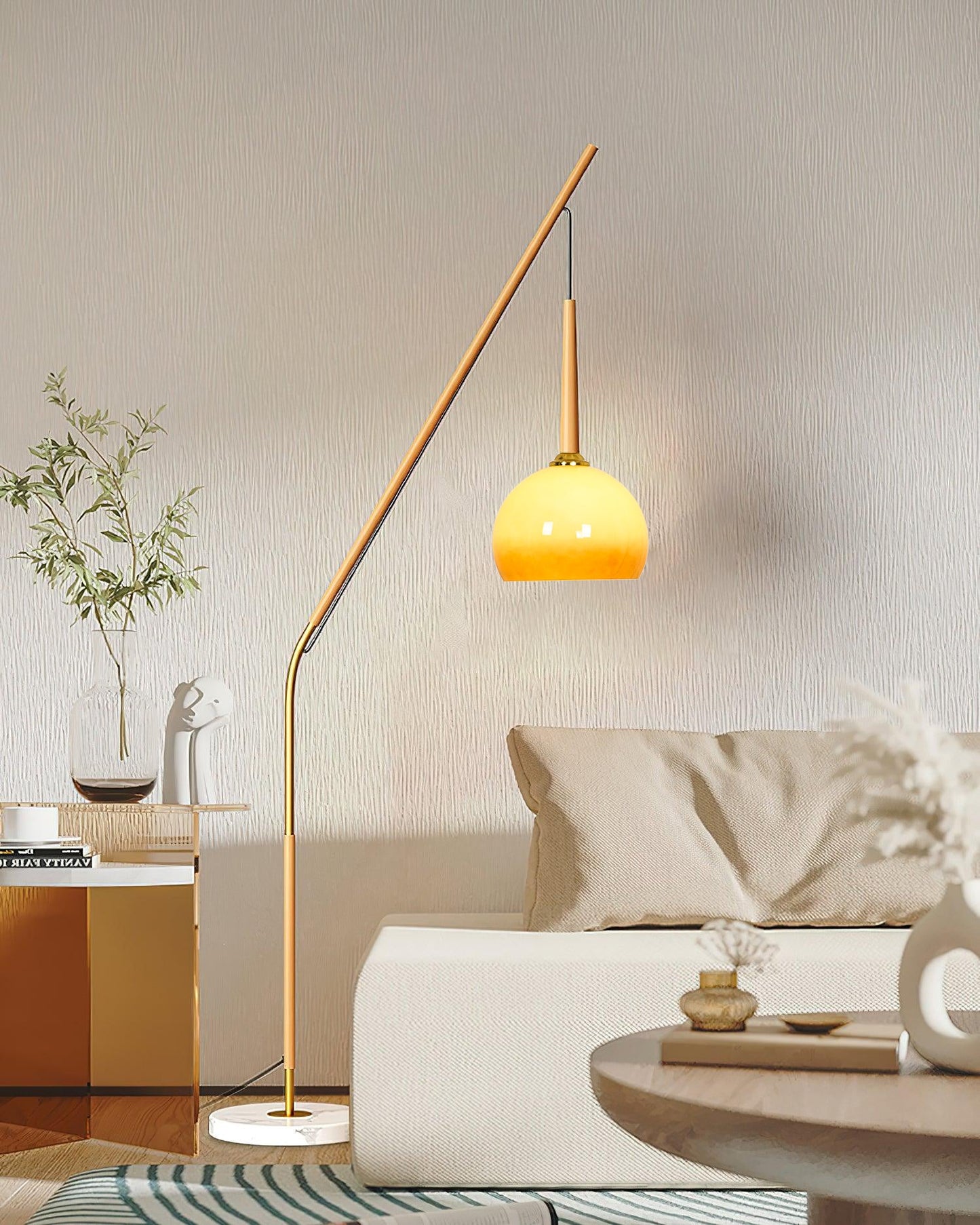 Hulusi Hanging Floor Lamp with Orange Shade and Marble Base