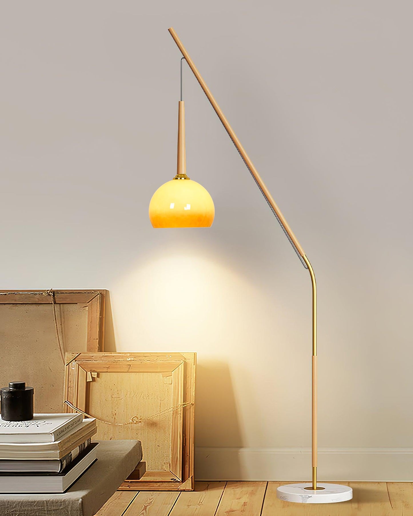 Hulusi Hanging Floor Lamp with Orange Shade and Marble Base