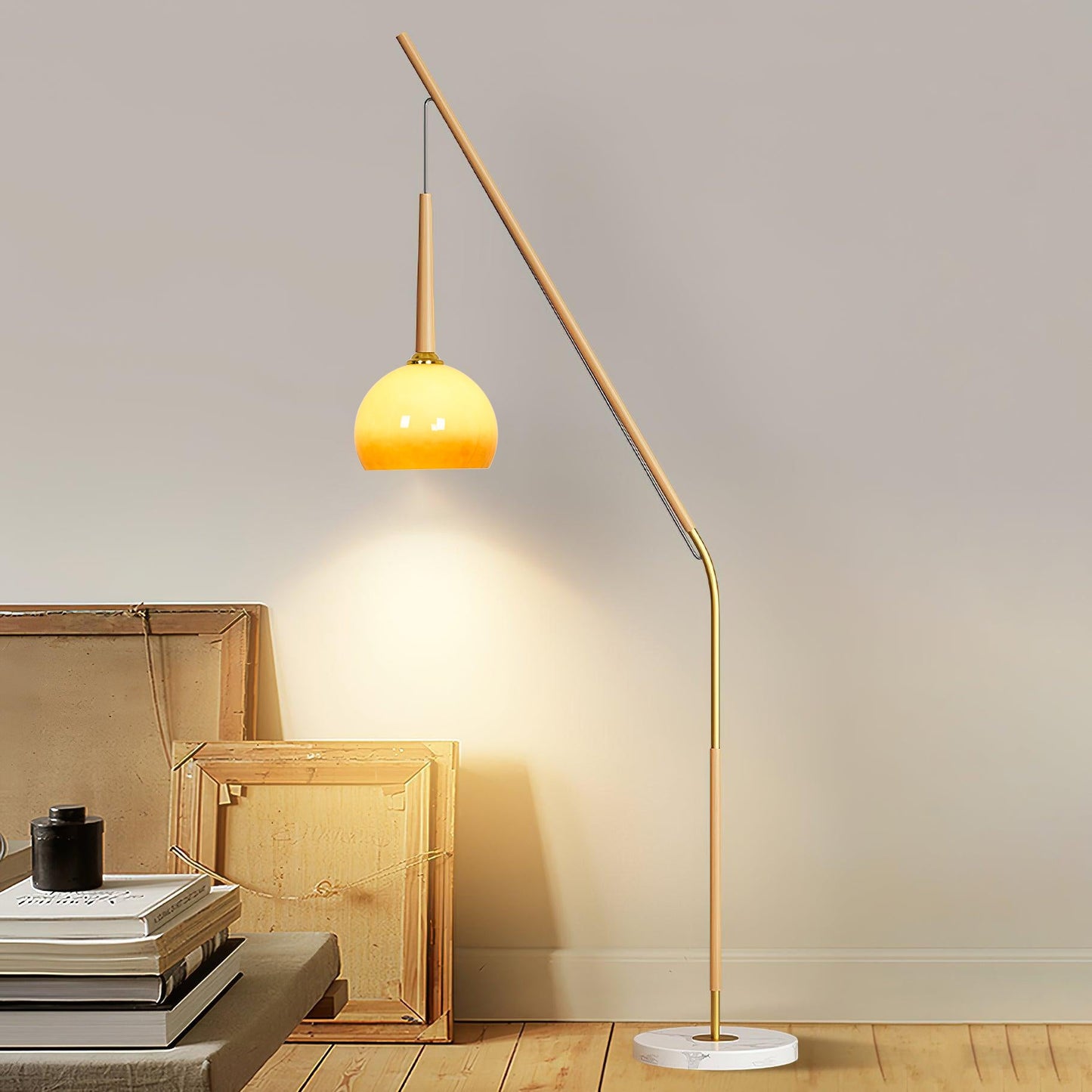 Hulusi Hanging Floor Lamp with Orange Shade and Marble Base