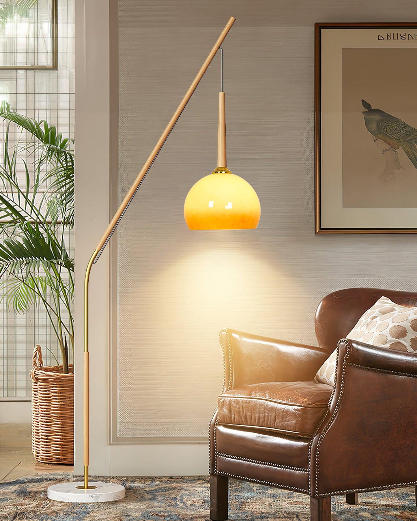 Hulusi Hanging Floor Lamp with Orange Shade and Marble Base