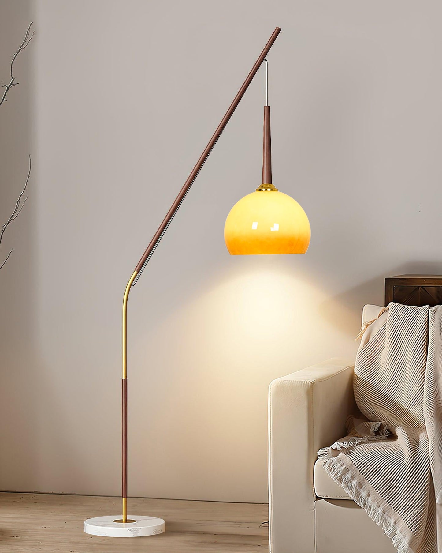 Hulusi Hanging Floor Lamp with Orange Shade and Marble Base