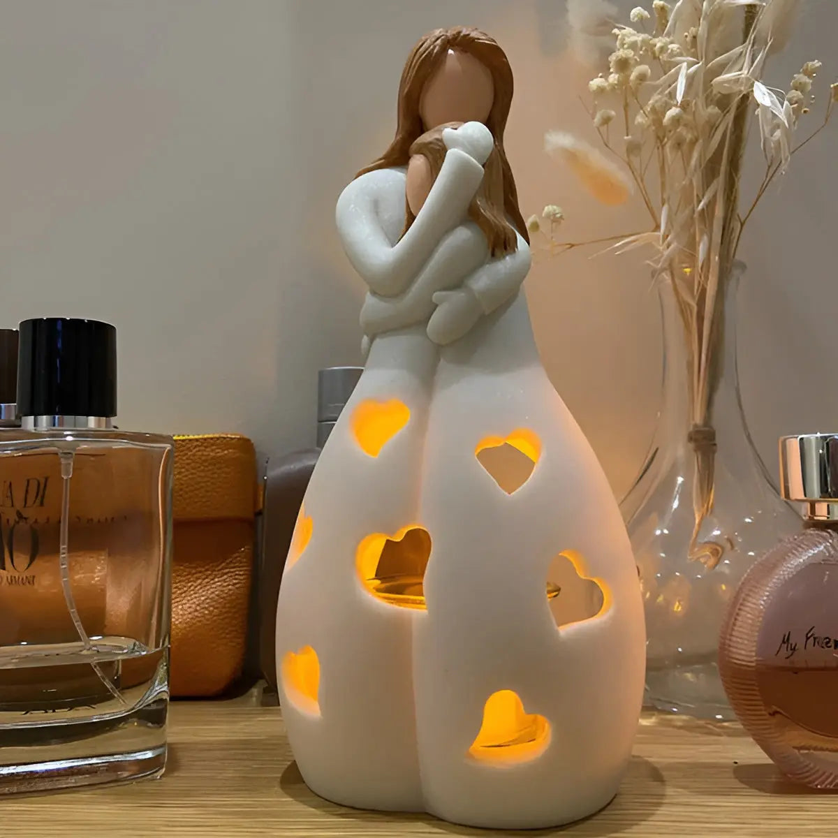 Figurative Candle Holder - Embrace Mother Daughter - Flickering Light