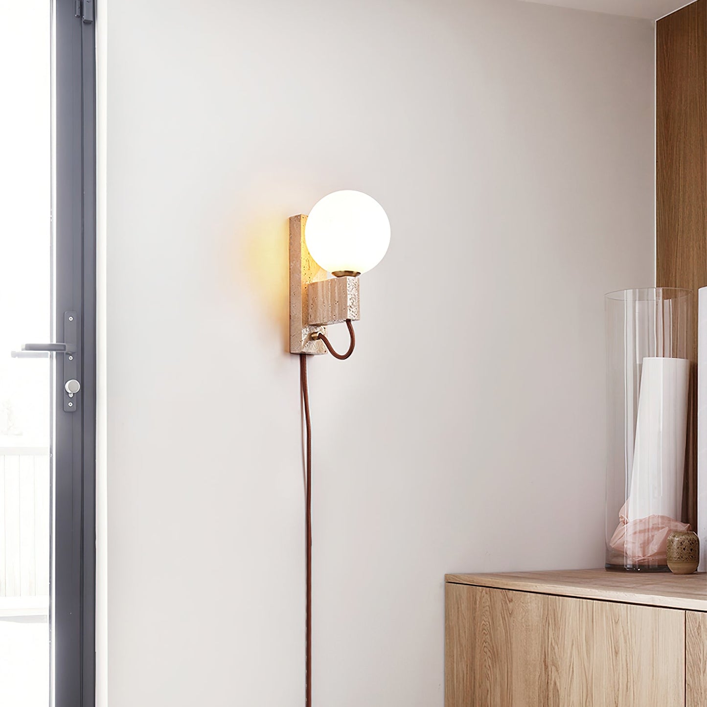Atlas Globe Wall Sconce with Travertine Base and LED Light