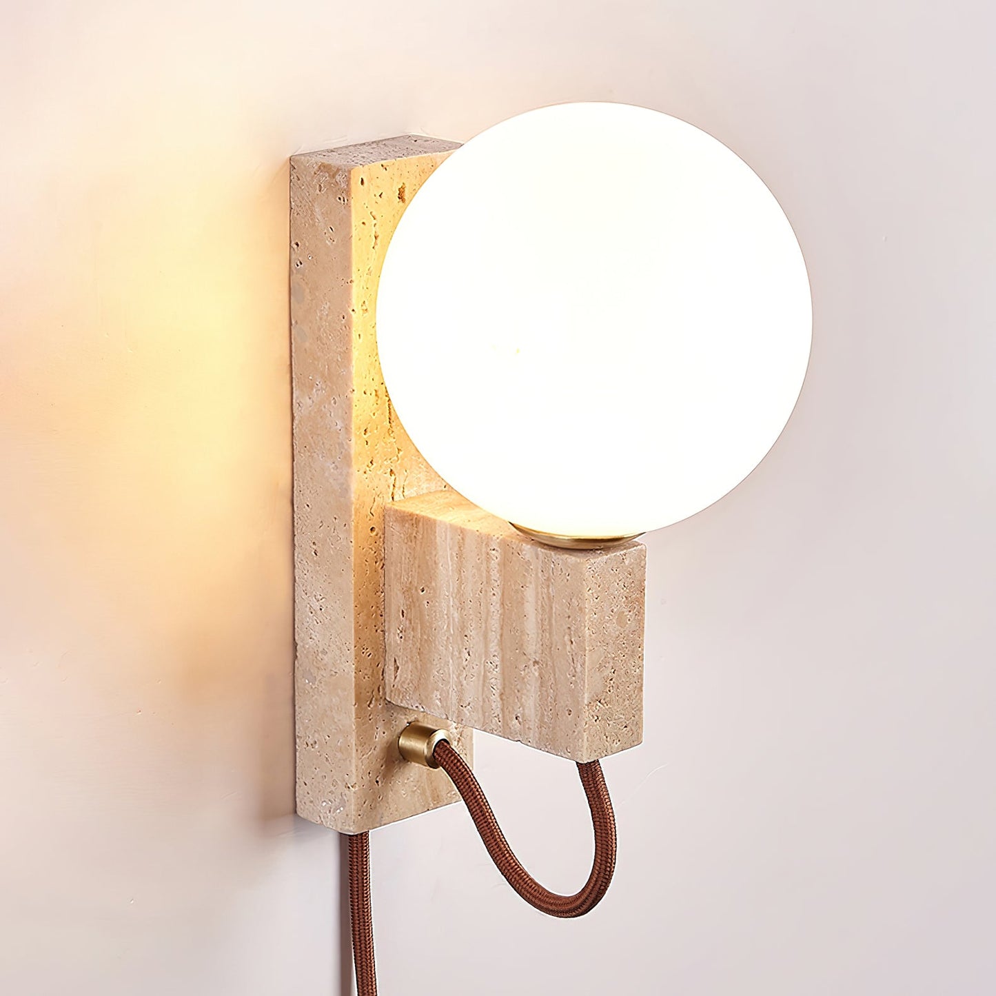 Atlas Globe Wall Sconce with Travertine Base and LED Light