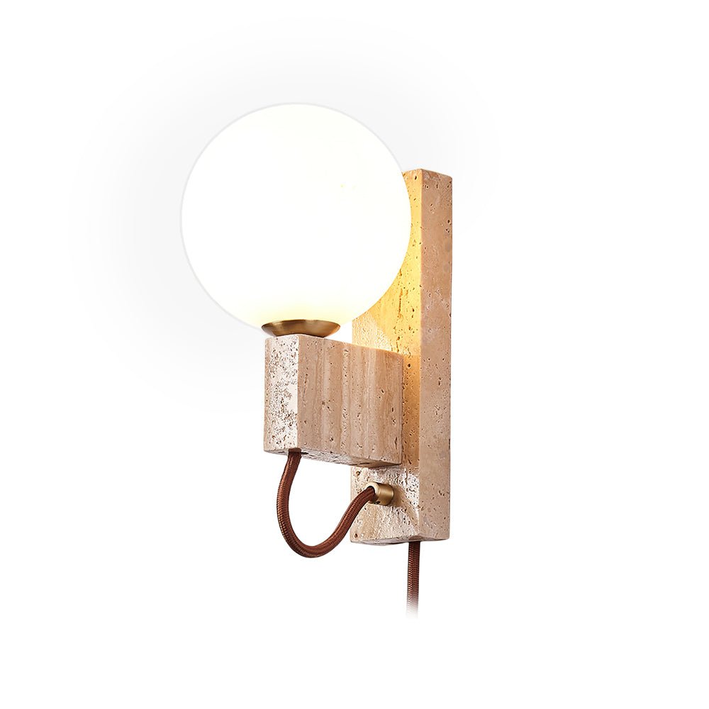Atlas Globe Wall Sconce with Travertine Base and LED Light