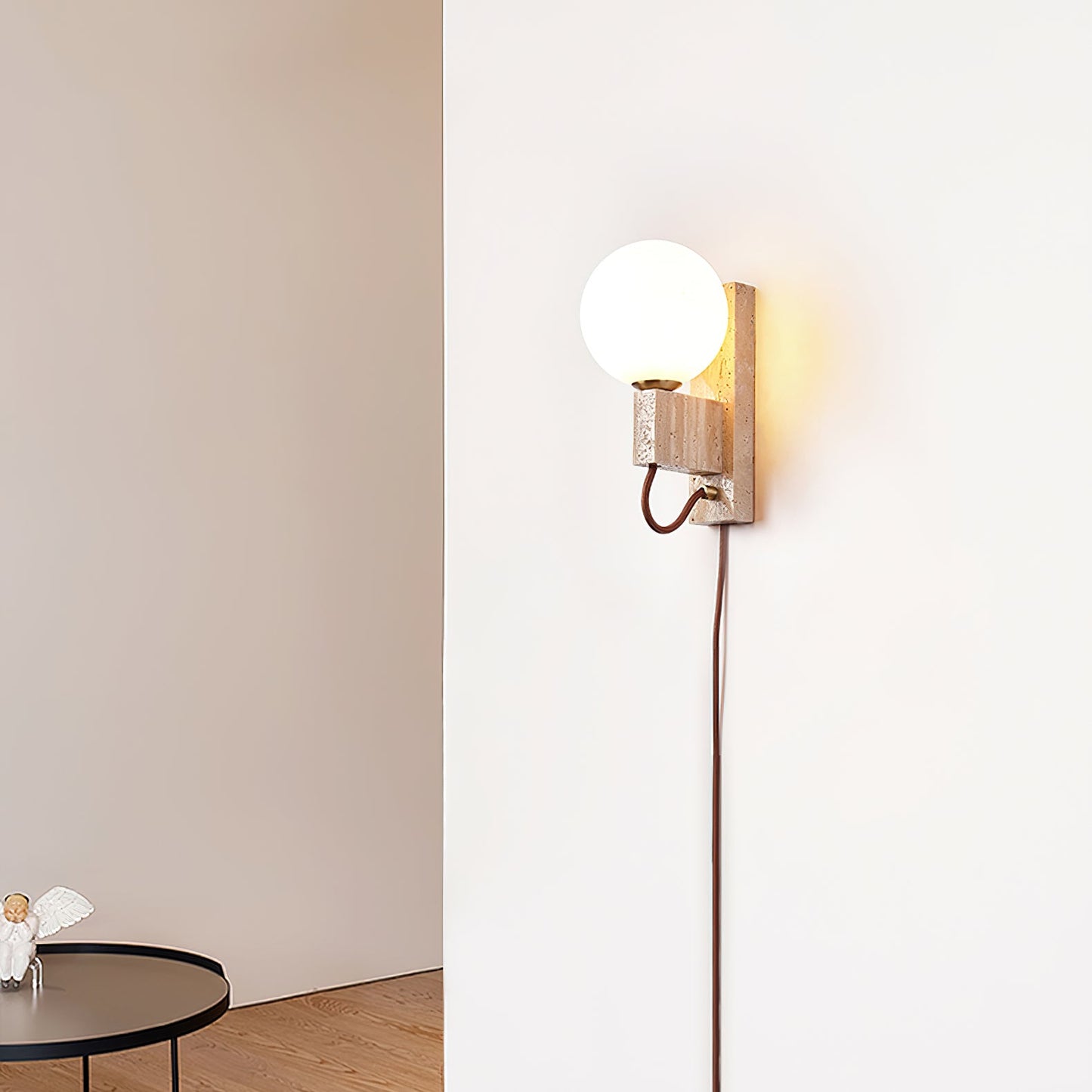 Atlas Globe Wall Sconce with Travertine Base and LED Light