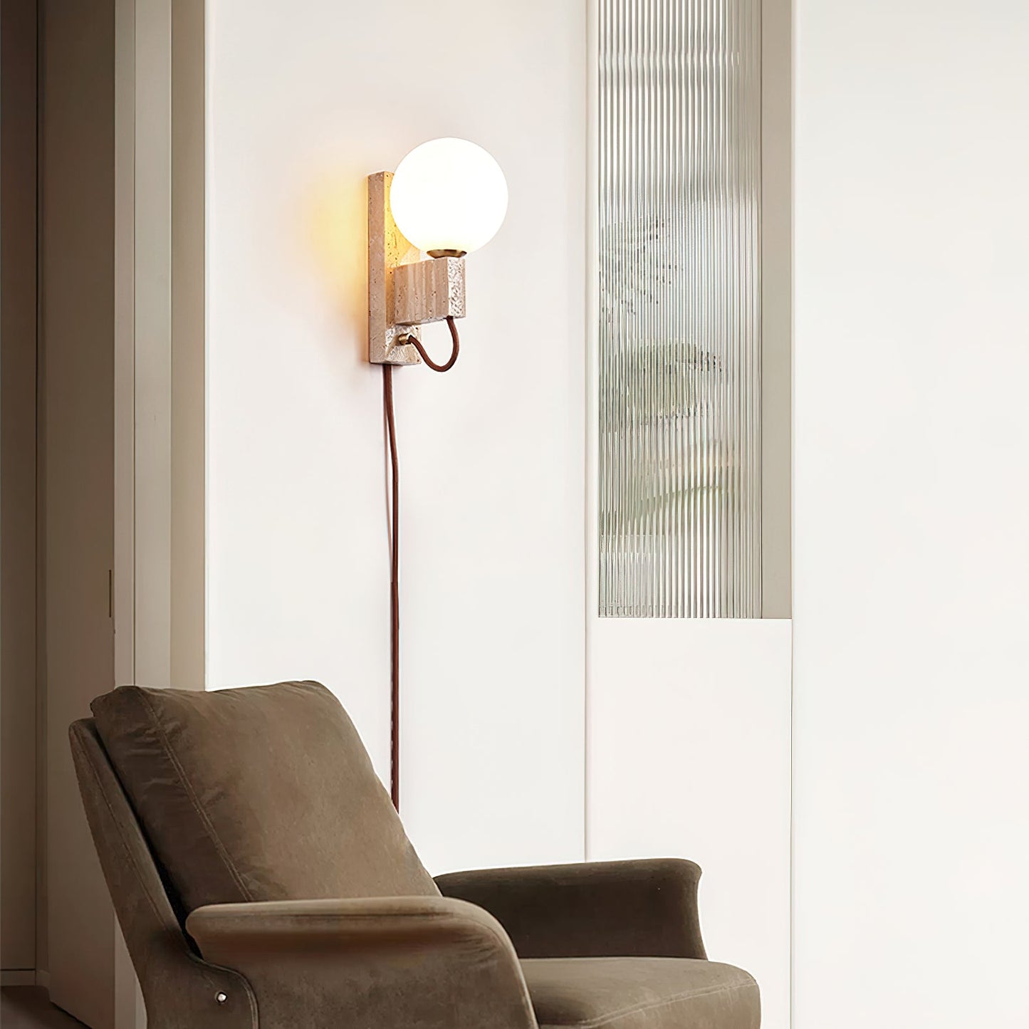Atlas Globe Wall Sconce with Travertine Base and LED Light