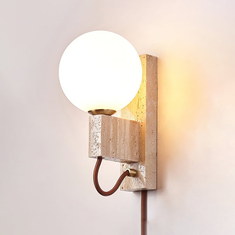 Atlas Globe Wall Sconce with Travertine Base and LED Light