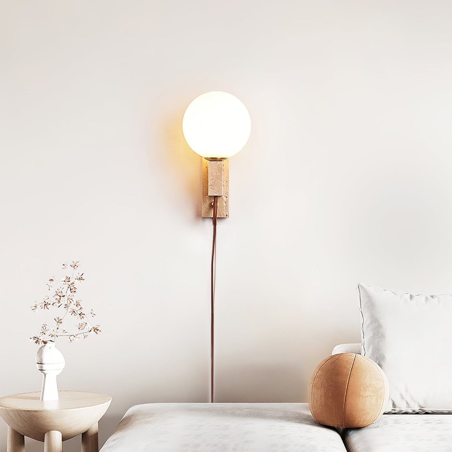 Atlas Globe Wall Sconce with Travertine Base and LED Light