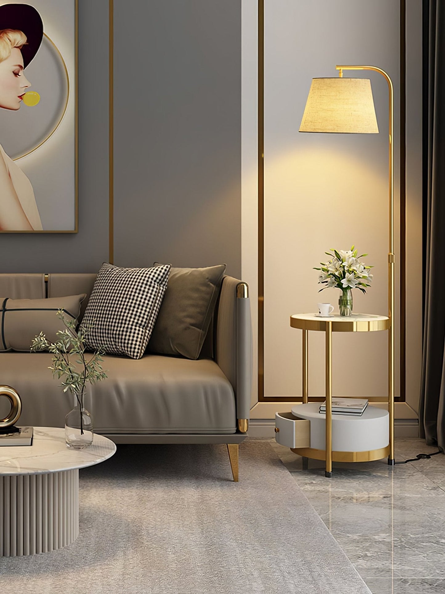 Lilah Floor Lamp with End Table and Storage Shelf
