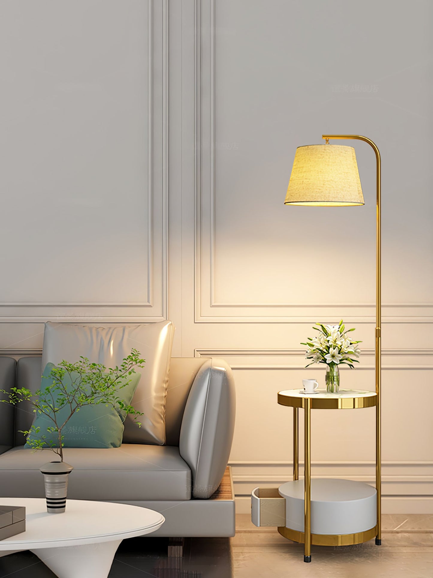 Lilah Floor Lamp with End Table and Storage Shelf