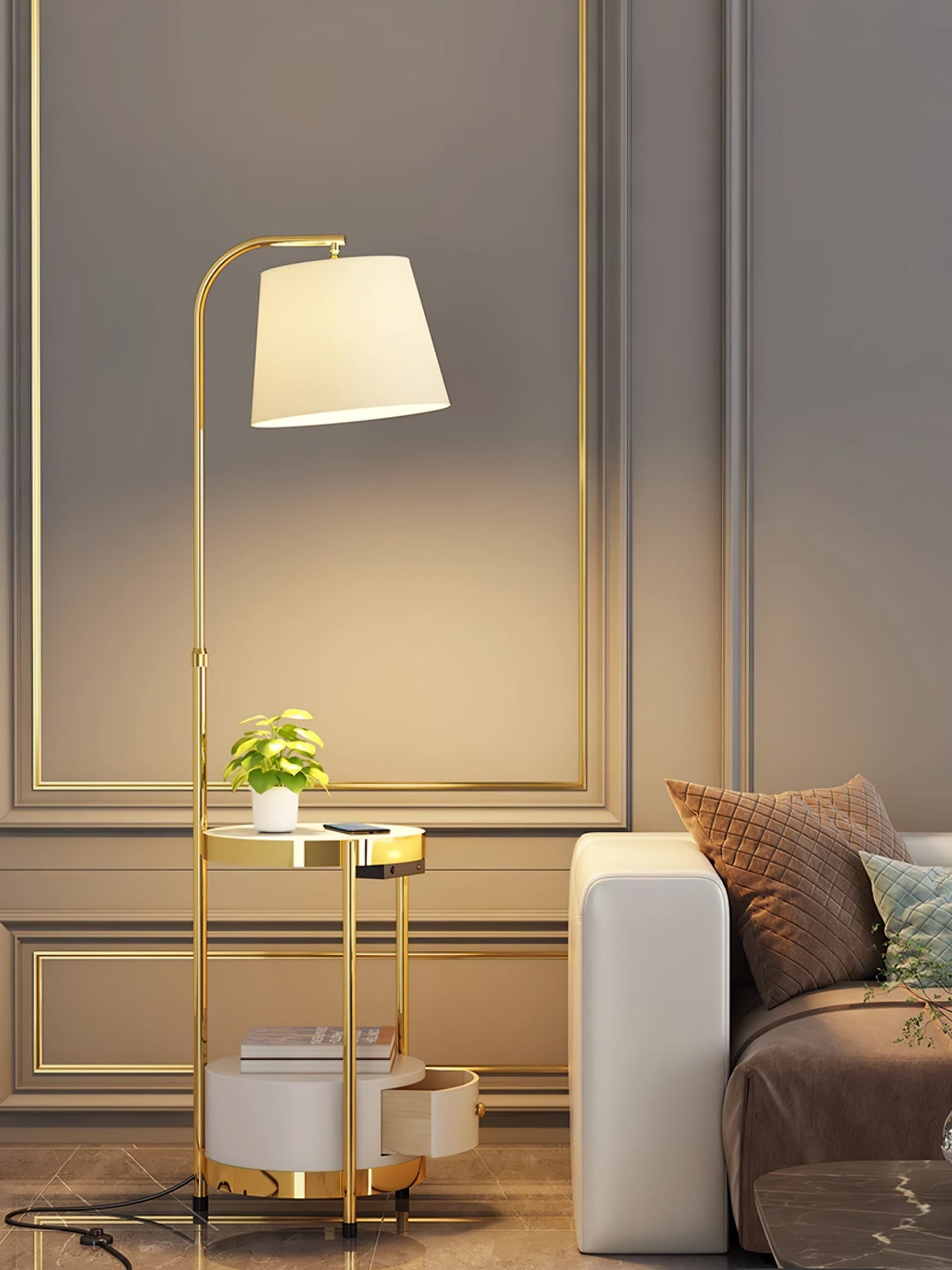 Lilah Floor Lamp with End Table and Storage Shelf