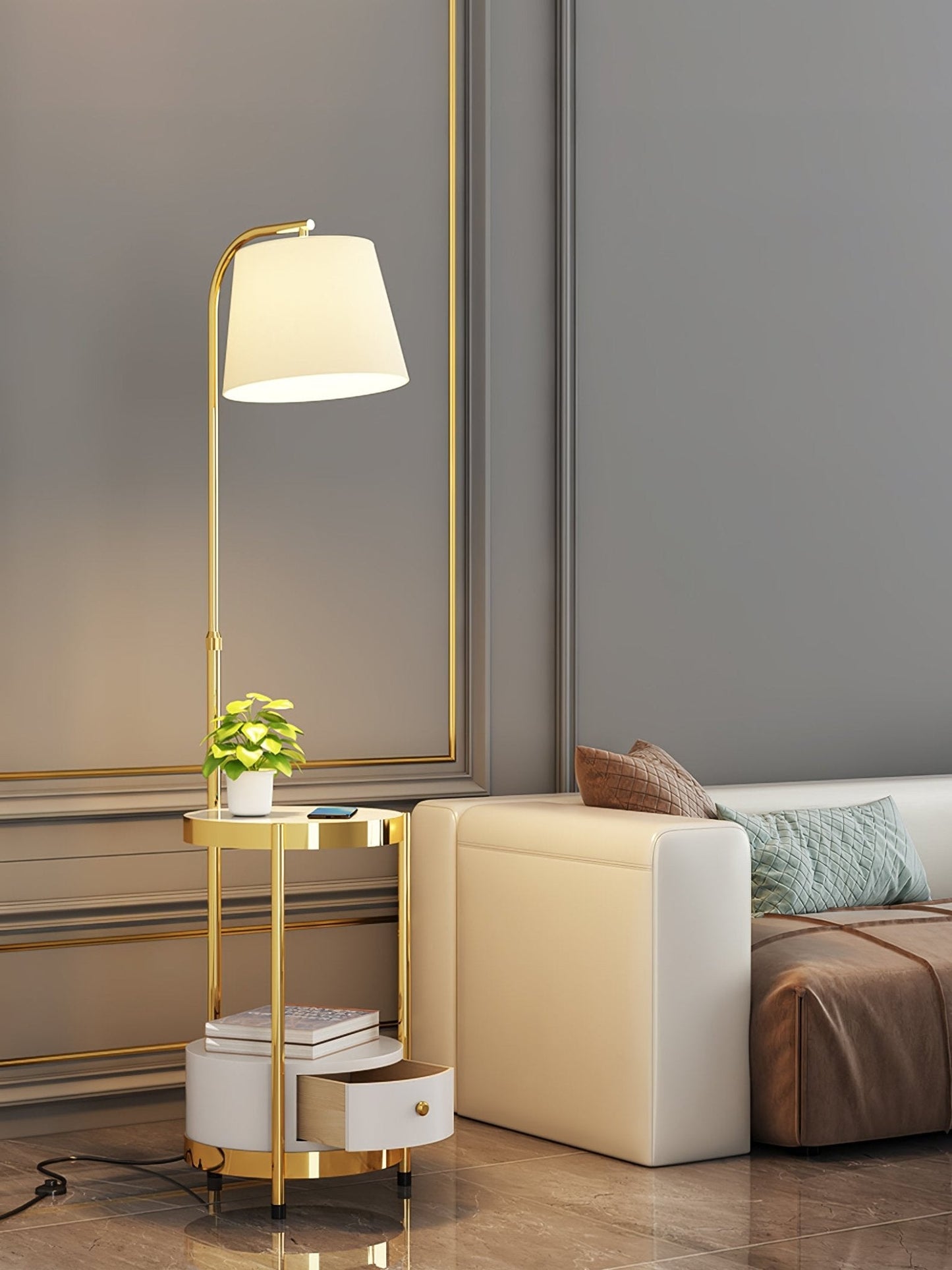 Lilah Floor Lamp with End Table and Storage Shelf