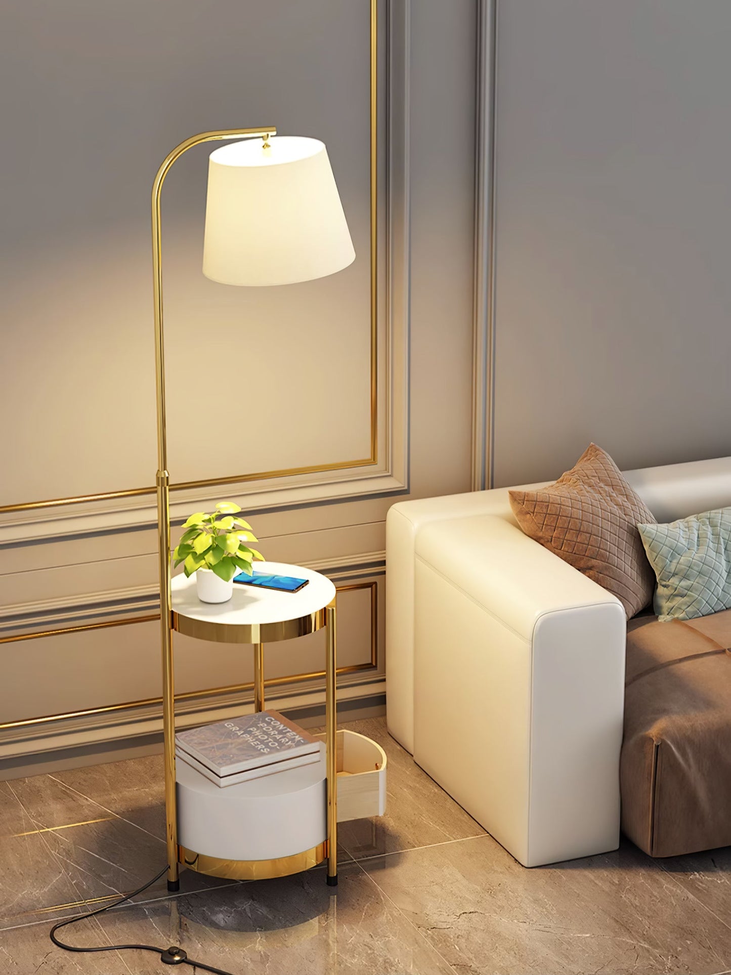 Lilah Floor Lamp with End Table and Storage Shelf
