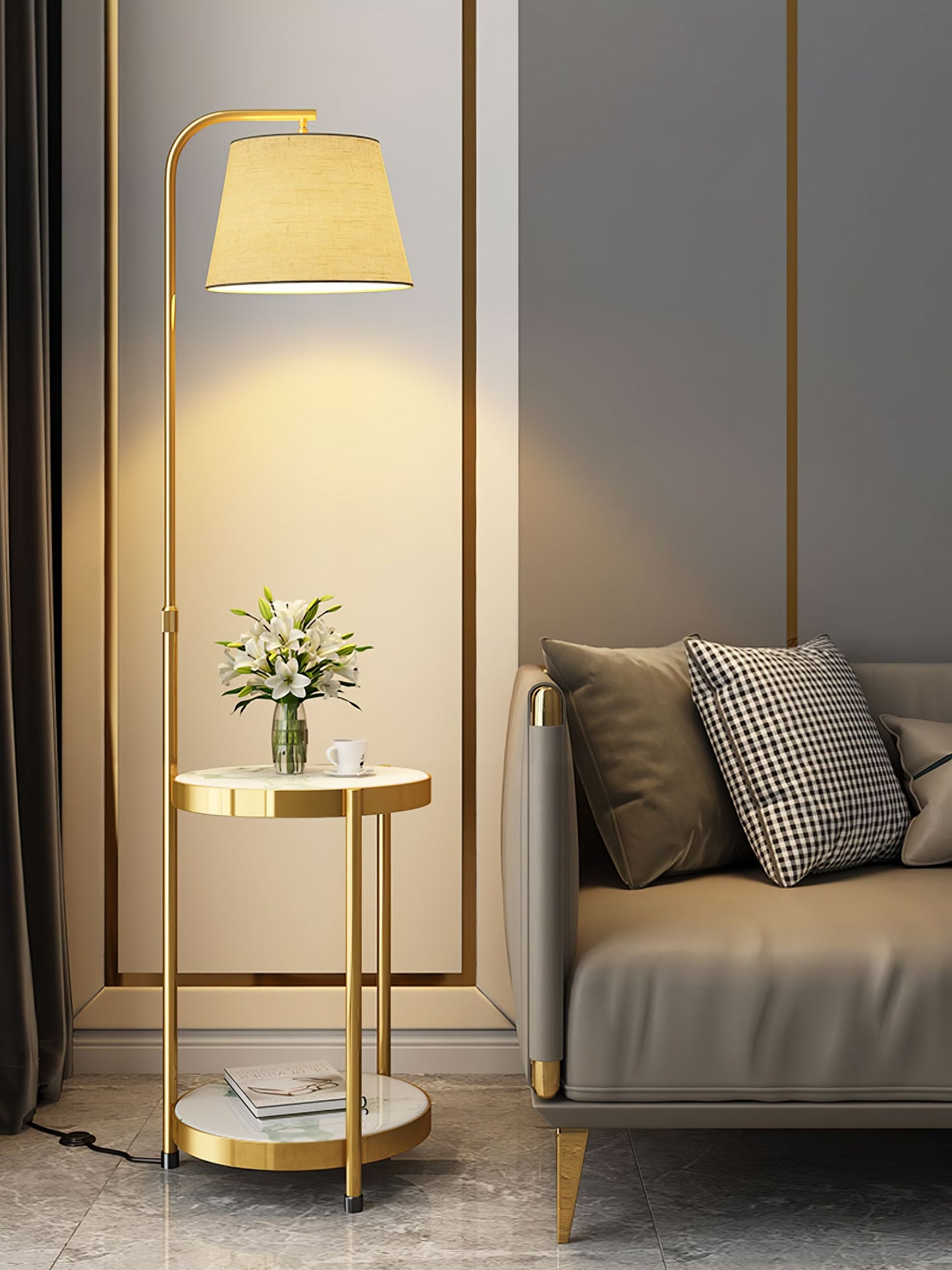 Lilah Floor Lamp with End Table and Storage Shelf