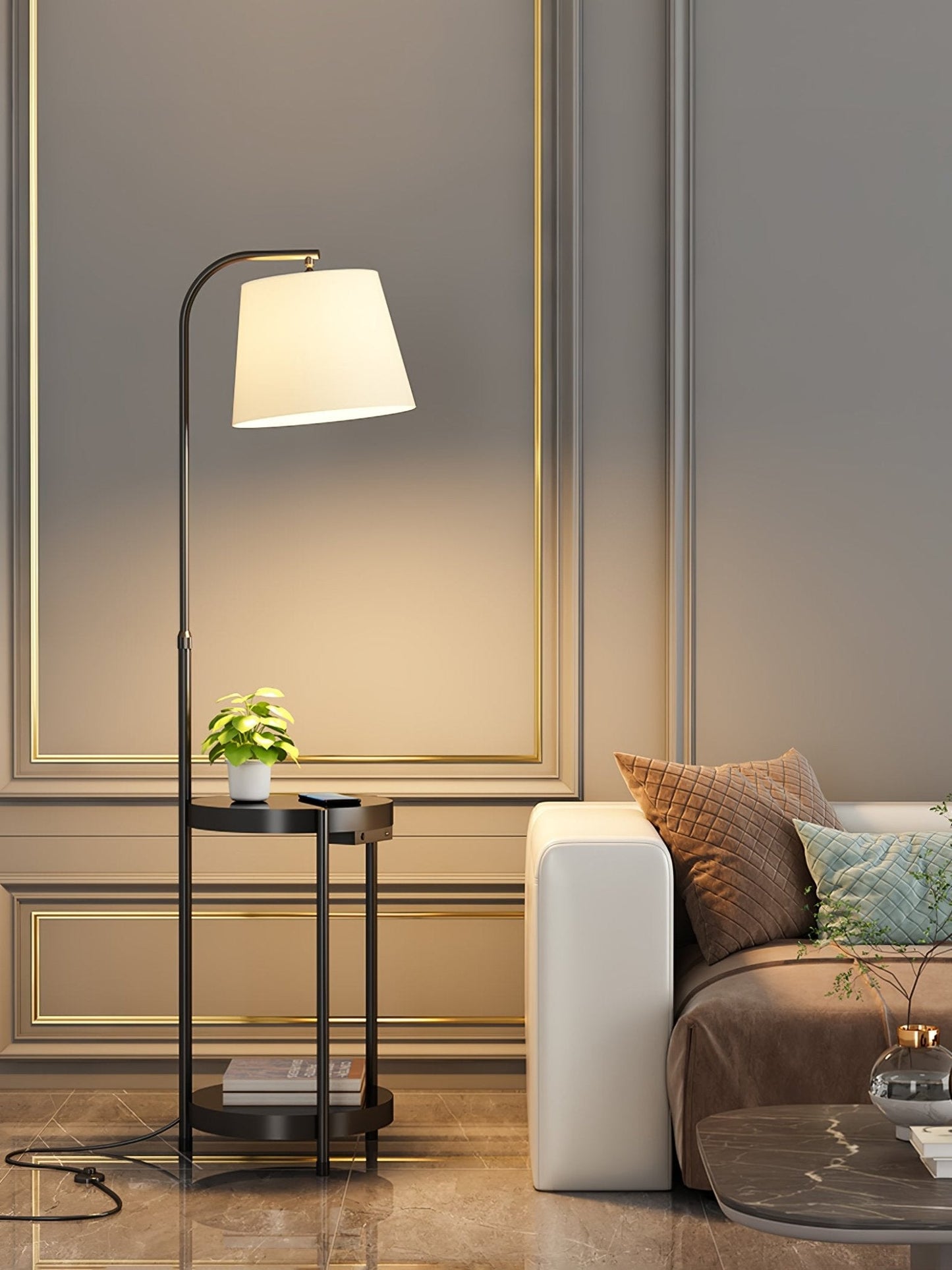 Lilah Floor Lamp with End Table and Storage Shelf