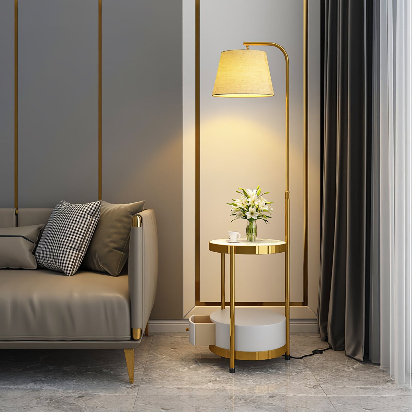 Lilah Floor Lamp with End Table and Storage Shelf