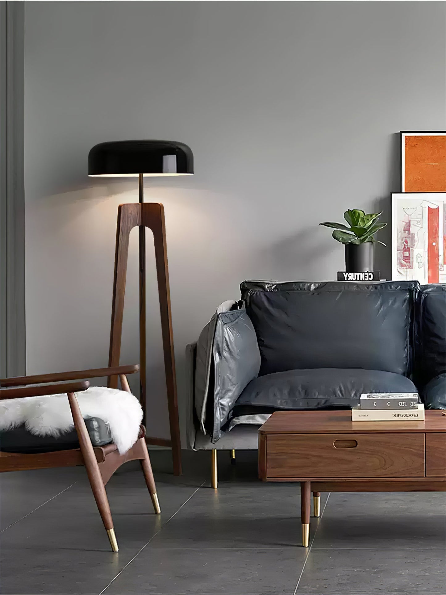 Linea Floor Lamp - LED Walnut with Black Shade for Indoor Use