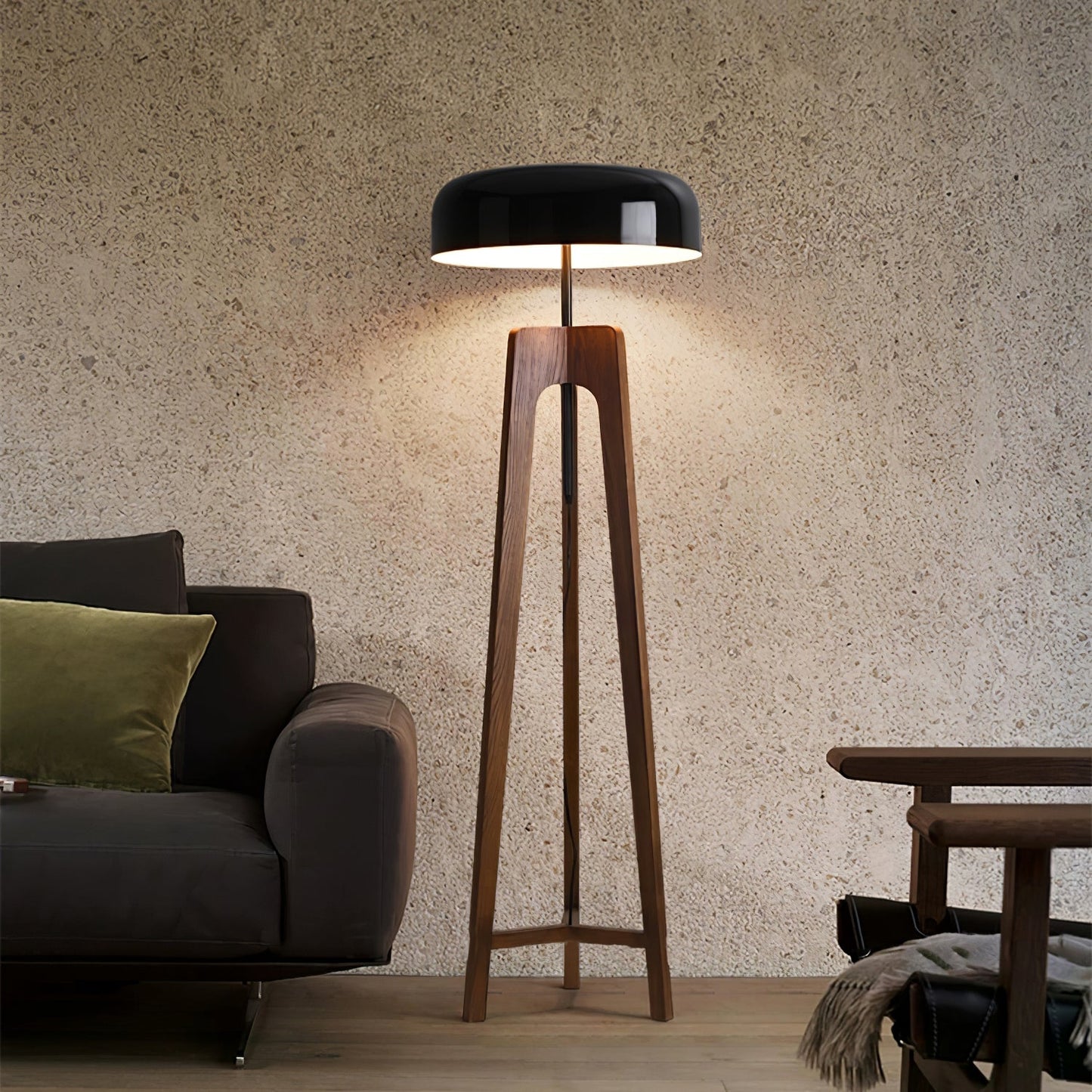 Linea Floor Lamp - LED Walnut with Black Shade for Indoor Use