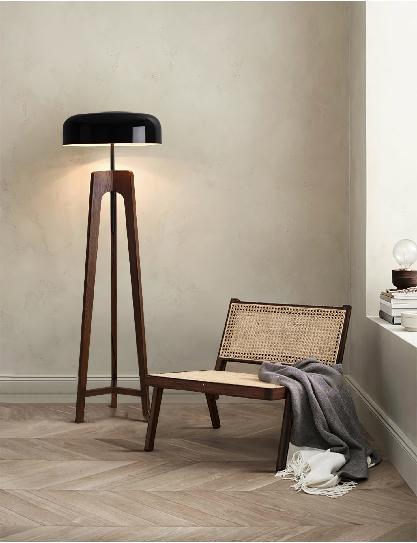 Linea Floor Lamp - LED Walnut with Black Shade for Indoor Use