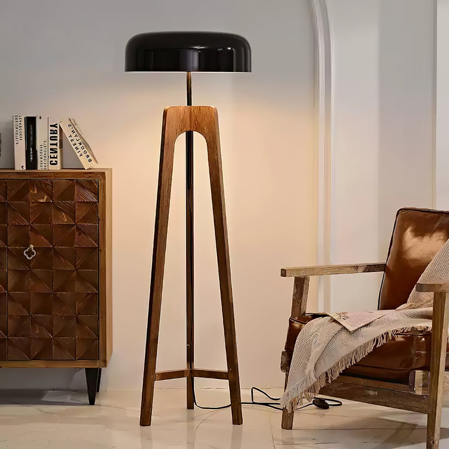 Linea Floor Lamp - LED Walnut with Black Shade for Indoor Use
