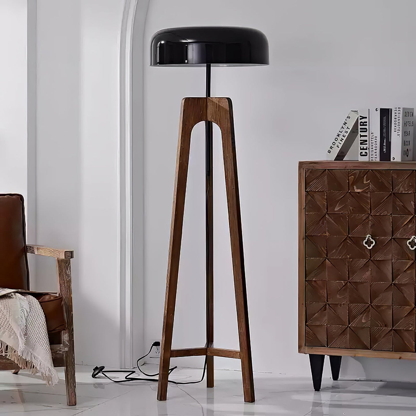 Linea Floor Lamp - LED Walnut with Black Shade for Indoor Use