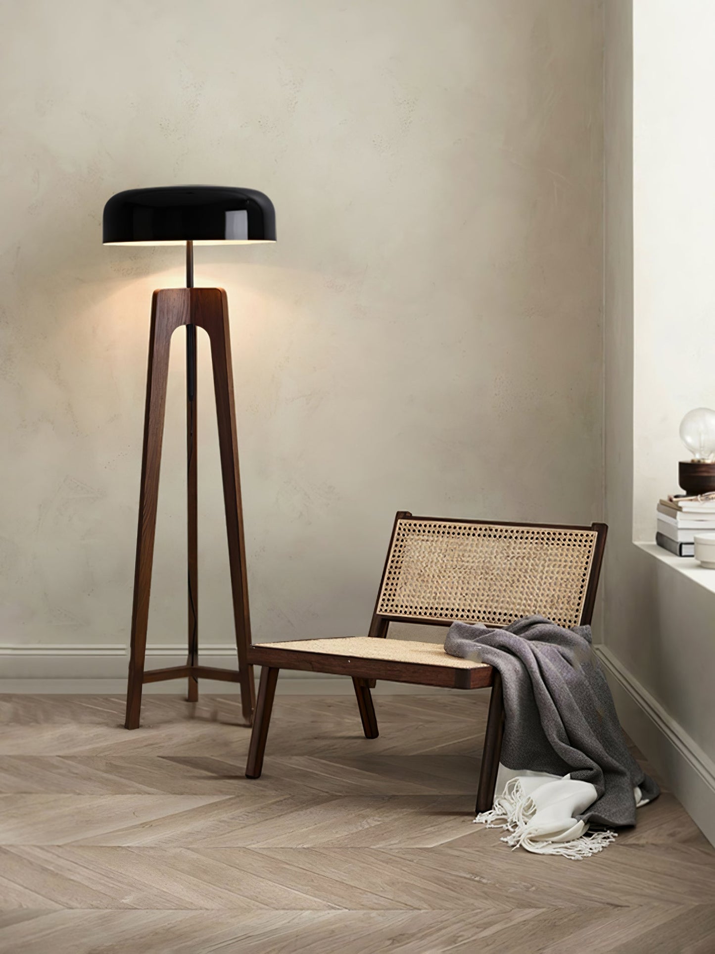 Linea Floor Lamp - LED Walnut with Black Shade for Indoor Use