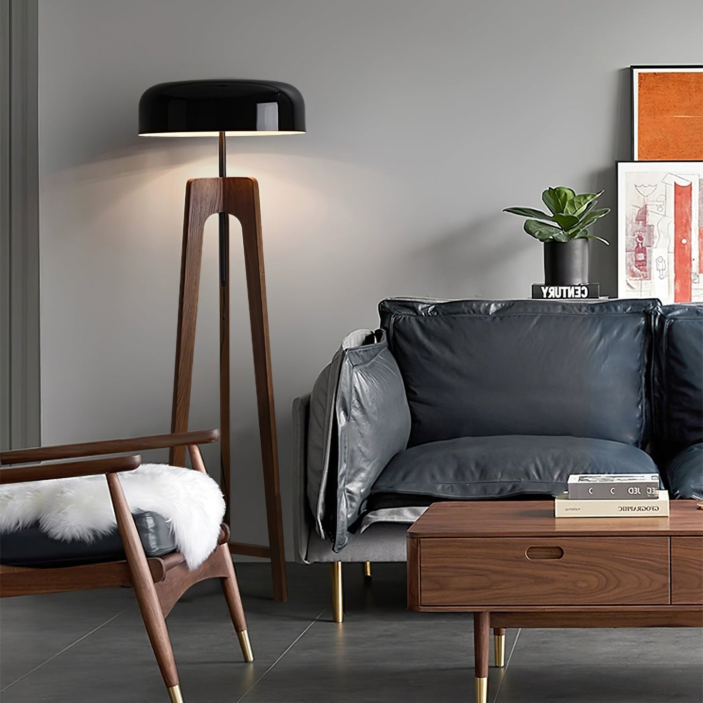 Linea Floor Lamp - LED Walnut with Black Shade for Indoor Use